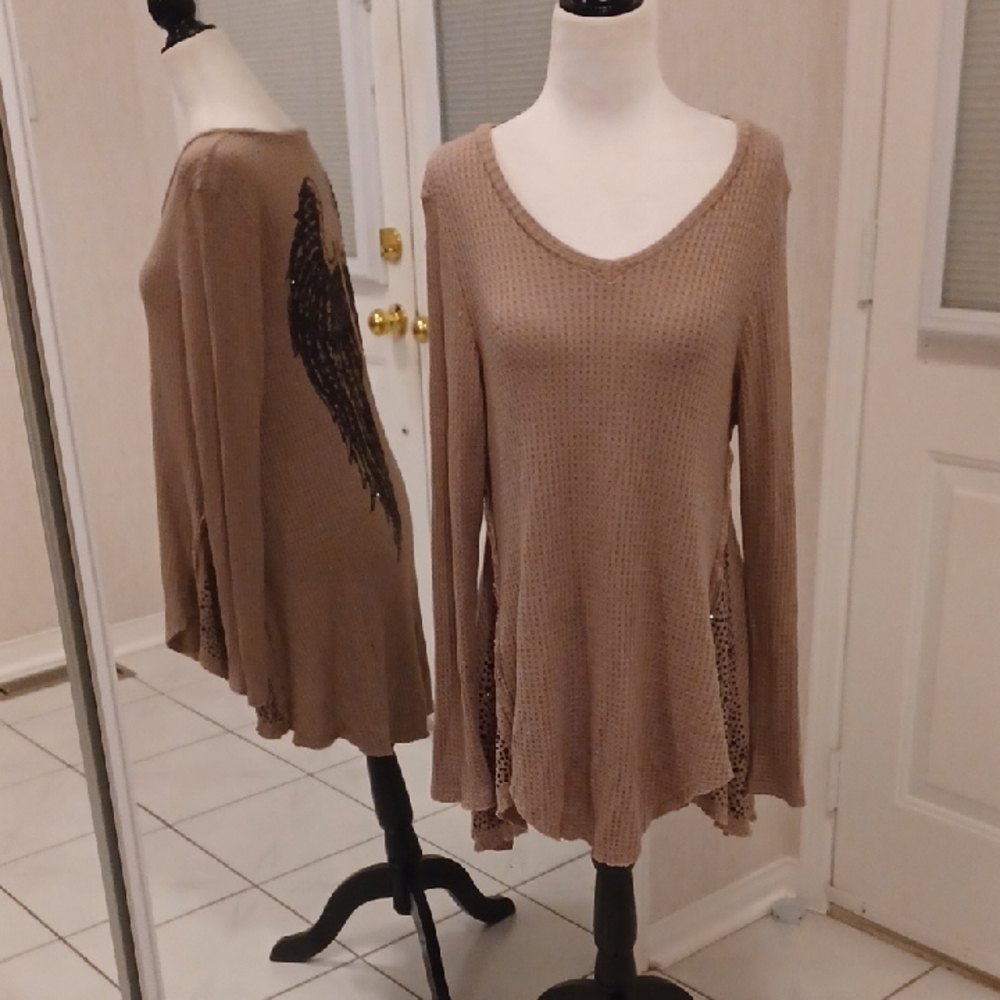 4/$40 Vocal Tan Top with Sequin Wings & Accents